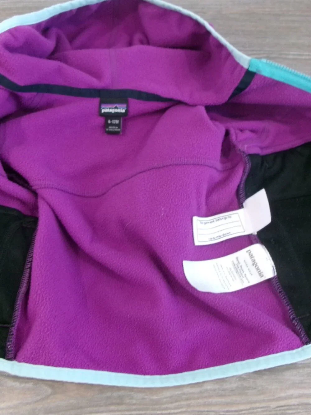 Patagonia Baby Girl 6 - 12 Months Hooded Fleece Jacket Purple w/ Blue Trim